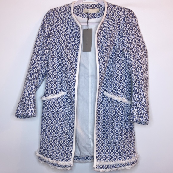 Zara Frayed Printed Blue and White Round-Neck Jacket with Front Pockets - Picture 2 of 8